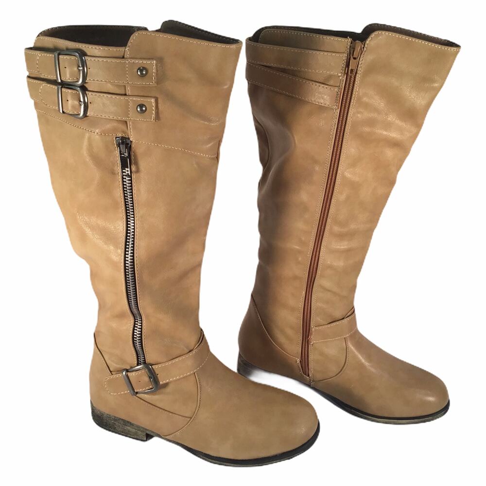 Twisted Noah 7 Knee High Boots Buckle Straps Sand